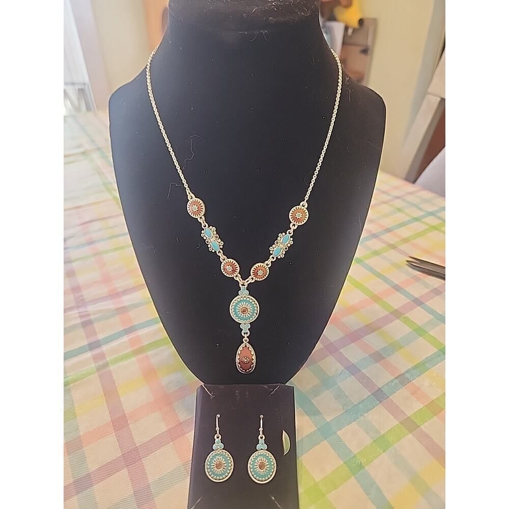 Vintage NRT Southwestern Faux Turquoise Y Drop 16" Necklace & Earrings Indian